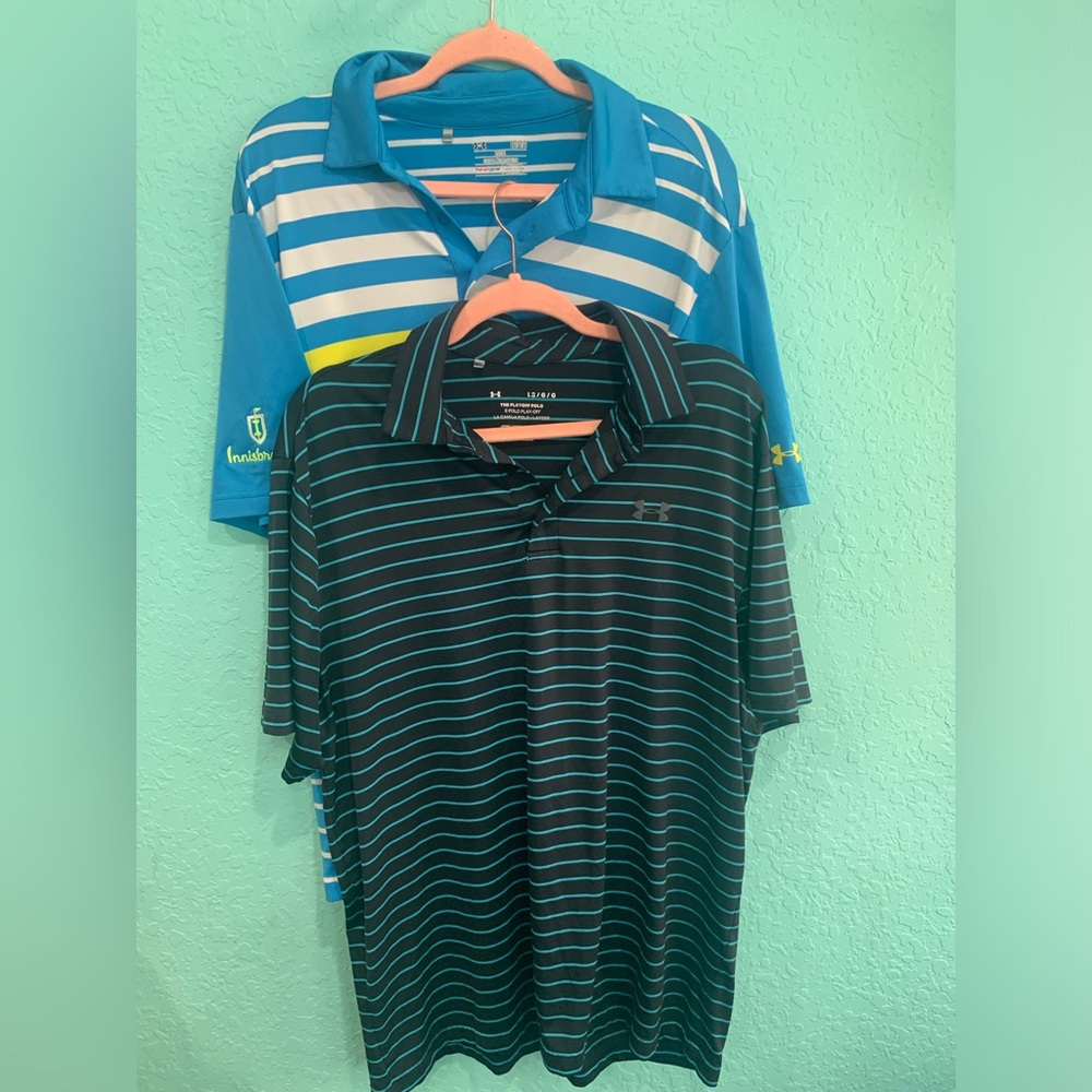 Under Armour men’s black Blue Striped Polo Shirts performance L playoff golf